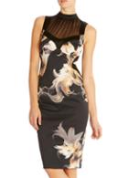 Romwe Black Contrast Sheer Floral Bodycon Party Dress
