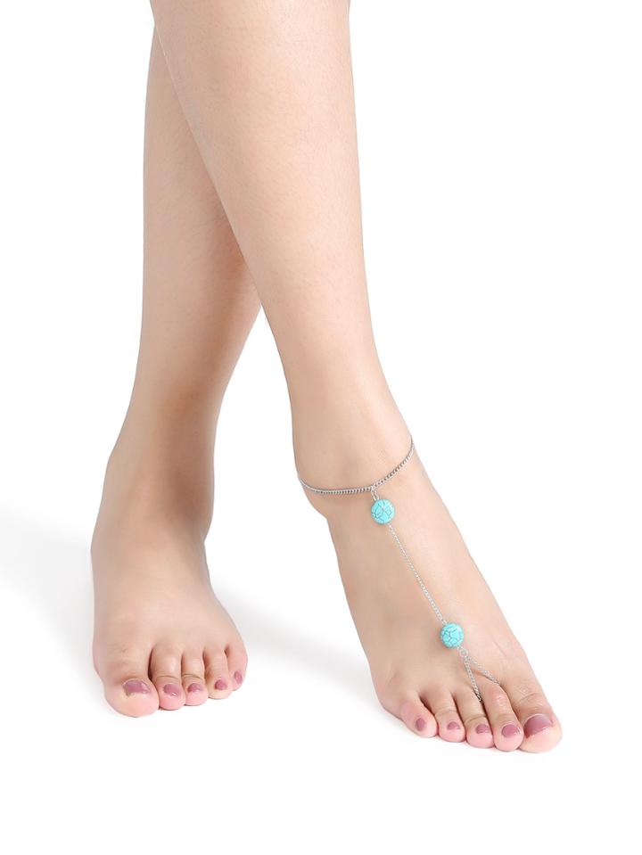 Romwe Turquoise Beaded Silver Chain Anklet