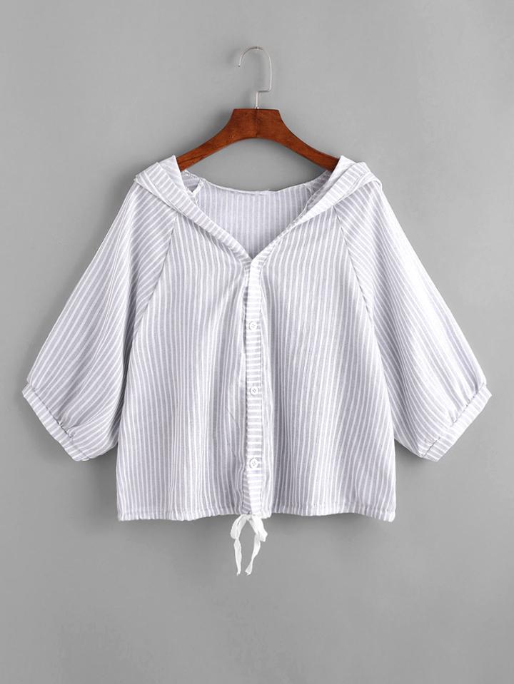 Romwe Hooded Vertical Striped Lace-up Hem Blouse