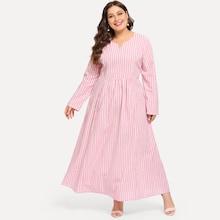 Romwe Plus Striped Side V Cut Neck Longline Dress
