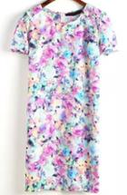 Romwe Multicolor Round Neck Short Sleeve Floral Slim Dress