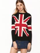 Romwe Black England Flag Pattern Button Ripped Sweater