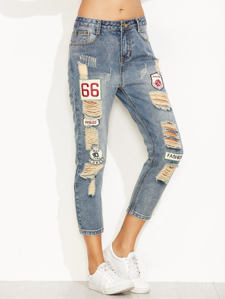 Romwe Blue Distressed Ripped Embroidered Patch Jeans