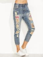 Romwe Blue Distressed Ripped Embroidered Patch Jeans