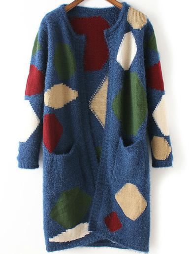 Romwe Long Sleeve Pockets Patchwork Cardigan