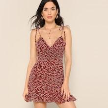 Romwe Botanical Print Flounce Hem Dress With Tie Strappy