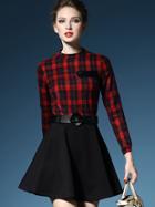 Romwe Red Round Neck Long Sleeve Drawstring Print Pockets Dress