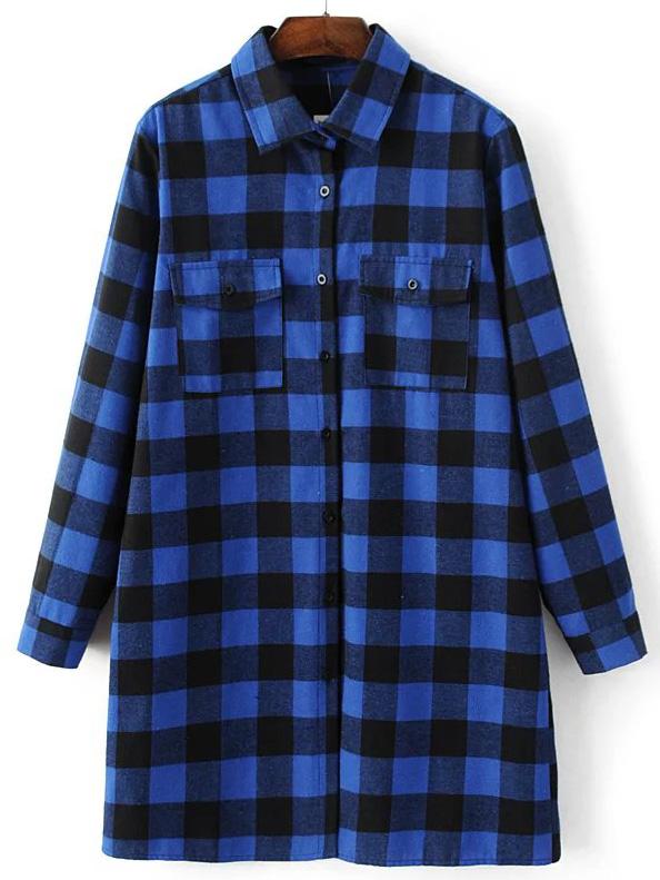 Romwe Blue Plaid Longline Blouse With Pocket