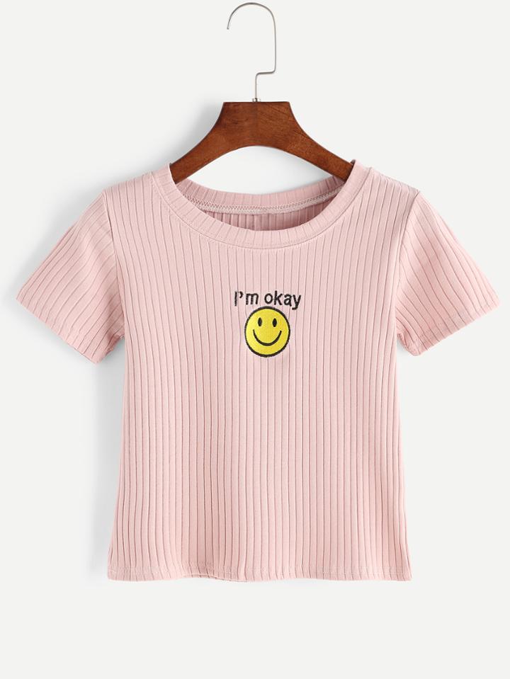 Romwe Smiley Face Embroidered Ribbed Knitted T-shirt