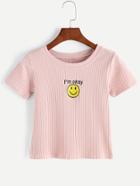 Romwe Smiley Face Embroidered Ribbed Knitted T-shirt