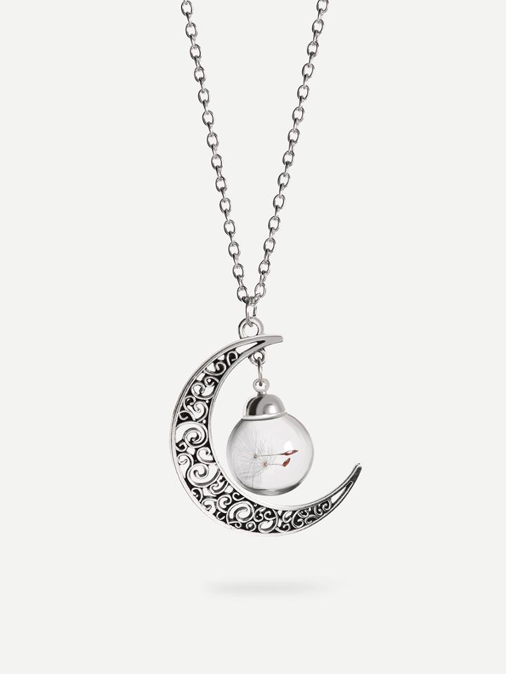 Romwe Glass Globe Moon-shaped Pendant Necklace