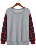 Romwe Contrast Sleeve Plaid Grey Sweatshirt