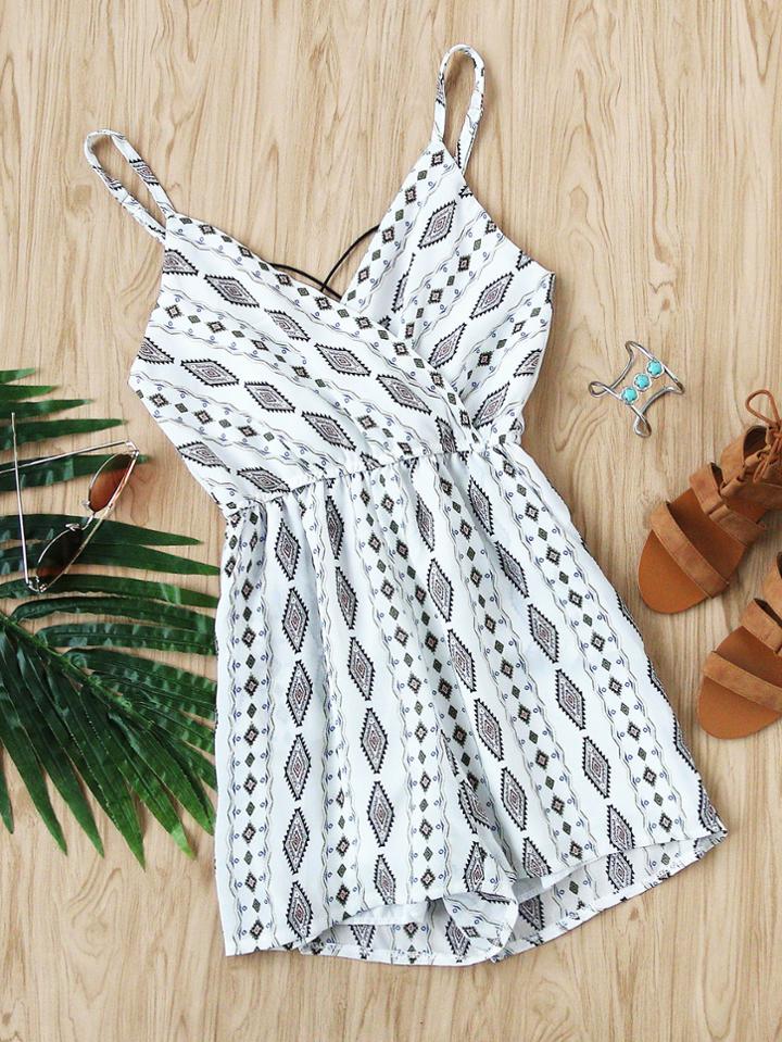Romwe Aztec Print Random Wrap Front Cross Back Cami Romper