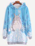 Romwe Blue Cartoon Print Drawstring Hooded Long Sweatshirt