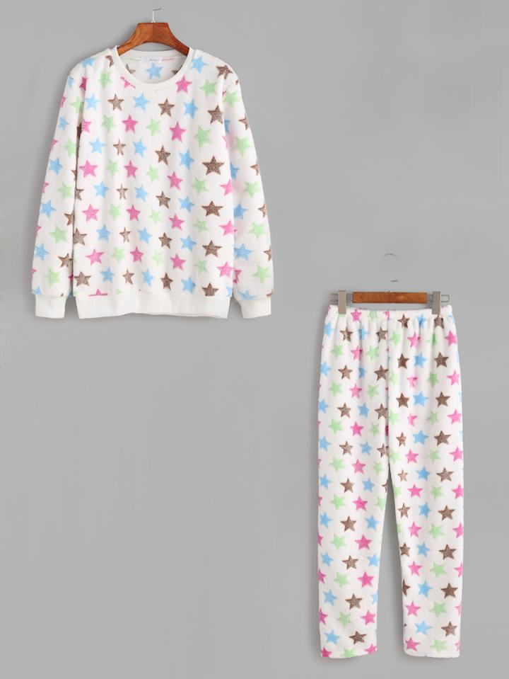 Romwe White Stars Pattern Fleecy Top With Elastic Waist Pants