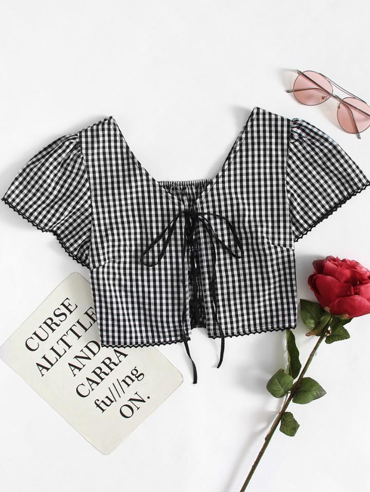 Romwe Gingham Knot Blouse