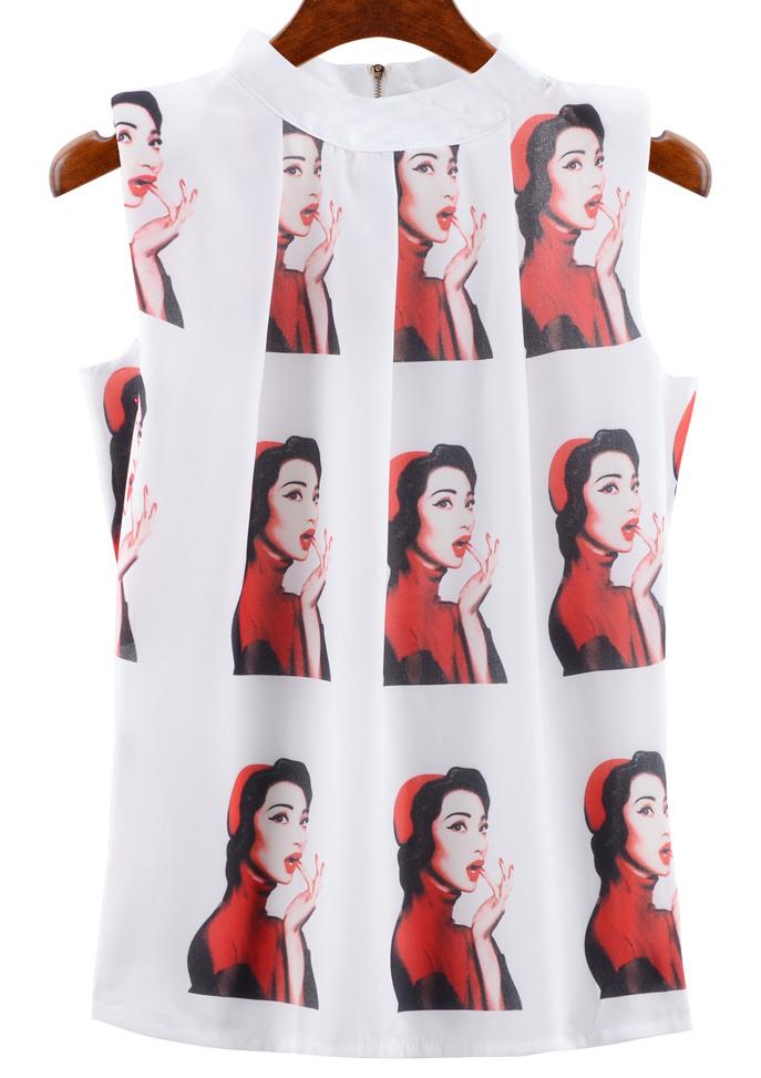 Romwe Stand Collar Zipper Hat Print Red Top