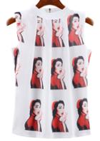 Romwe Stand Collar Zipper Hat Print Red Top