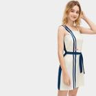 Romwe Striped Tape Panel Belted Letter Embroidery Dress
