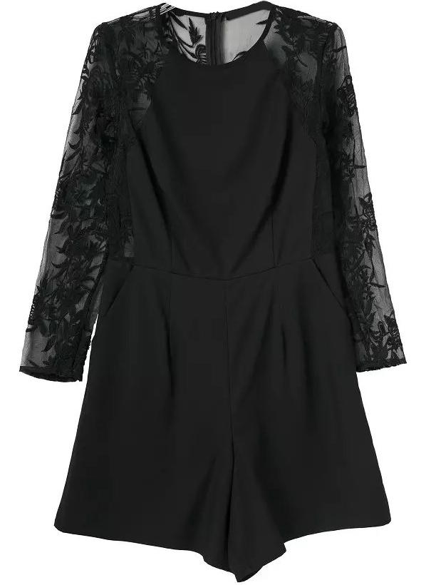 Romwe Long Sleeve Embroidered Organza Jumpsuit