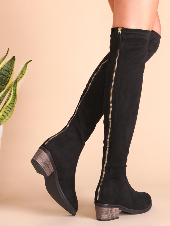 Romwe Black Suede Point Toe Cork Heel Knee Boots