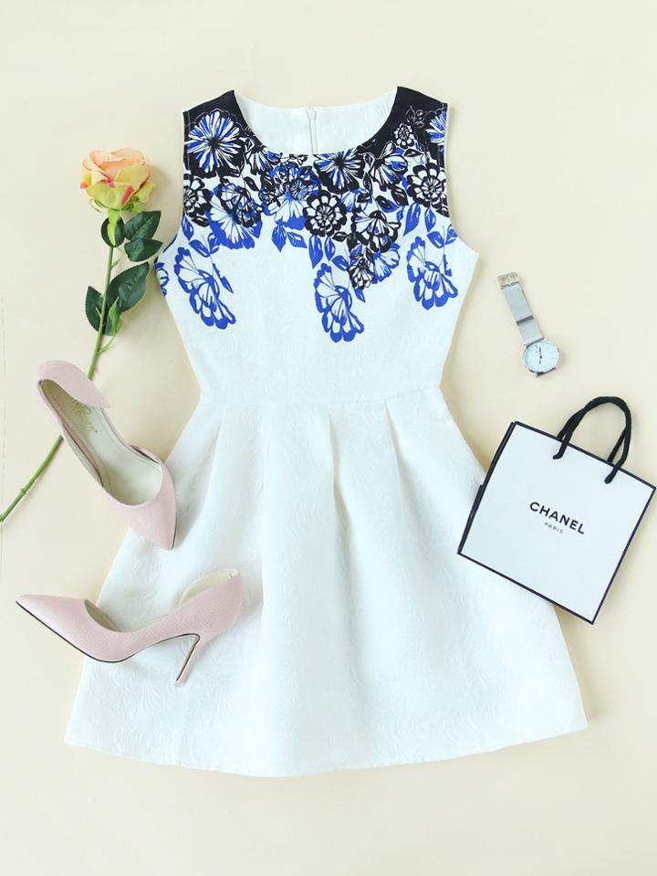 Romwe Floral Print Zip Back Pleated Fit And Flare Dress