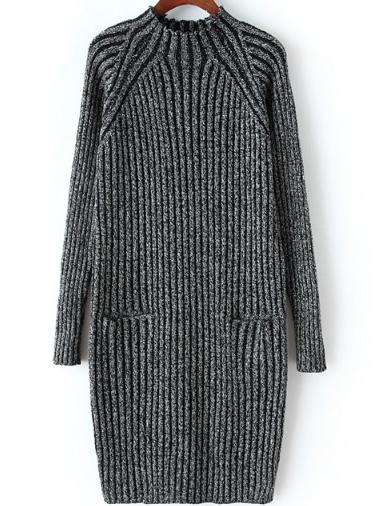 Romwe Mock Neck Vertical Striped Pockets Black Sweater Dress