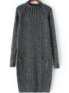 Romwe Mock Neck Vertical Striped Pockets Black Sweater Dress