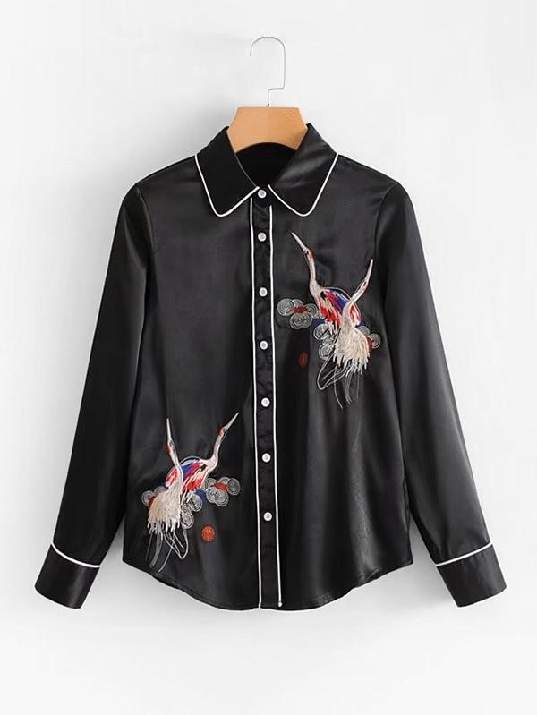 Romwe Contrast Piping Embroidery Blouse