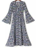 Romwe Multicolor Bell Sleeve Printed Zipper Maxi Dress