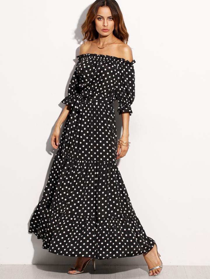 Romwe Polka Dot Off The Shoulder Tie Waist Maxi Dress