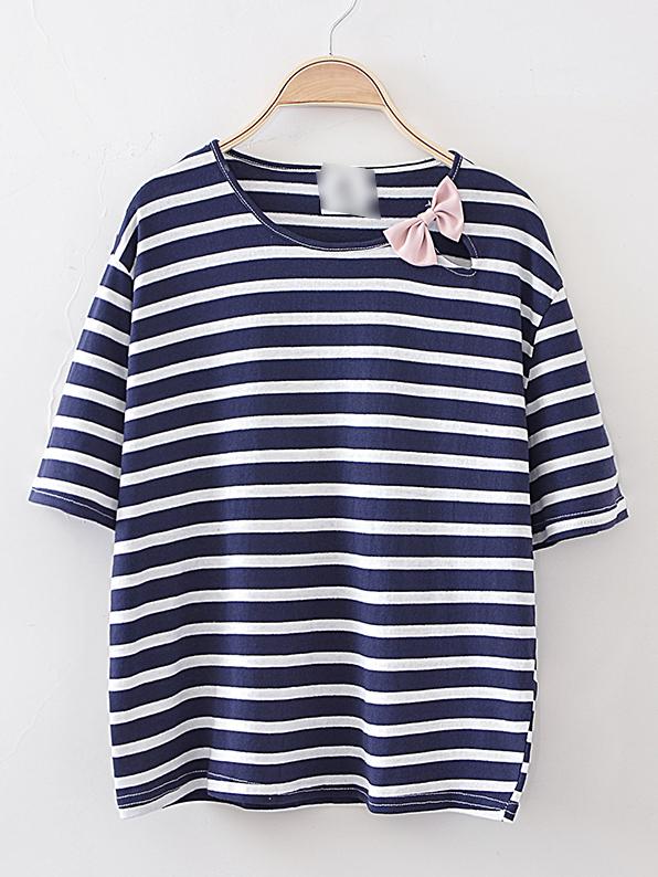 Romwe Navy Round Neck Stripe Bow T-shirt