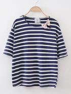 Romwe Navy Round Neck Stripe Bow T-shirt