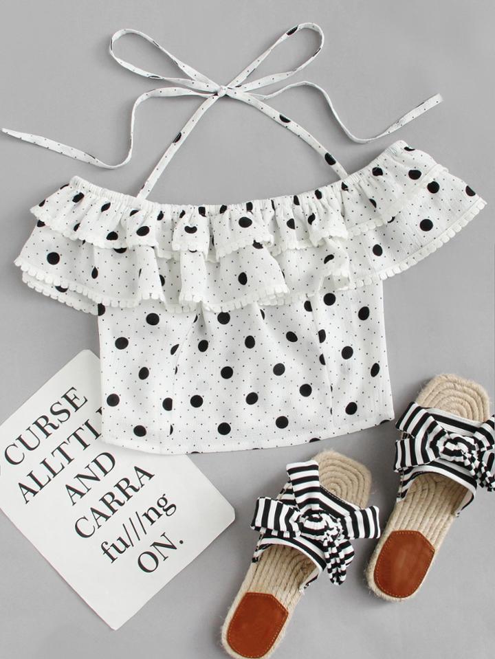 Romwe Ruffle Trim Polka Dot Top