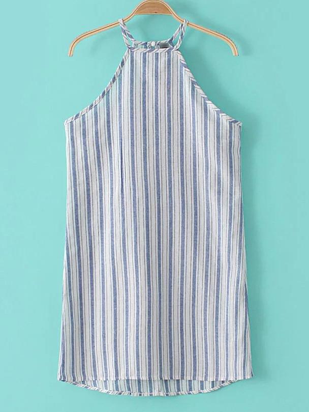 Romwe Blue Halter Stripe Dipped Hem Key-hole Dress