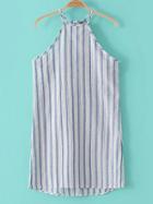 Romwe Blue Halter Stripe Dipped Hem Key-hole Dress