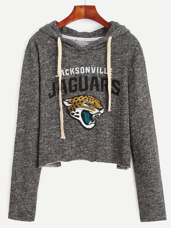 Romwe Dark Grey Leopard Head Print Drawstring Hooded Sweatshirt