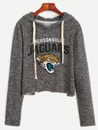 Romwe Dark Grey Leopard Head Print Drawstring Hooded Sweatshirt