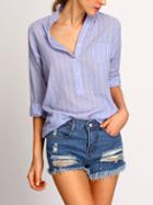 Romwe Stand Collar Vertical Striped Blouse With Pocket