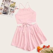 Romwe Criss Cross Tie Back Cami Top With Shorts