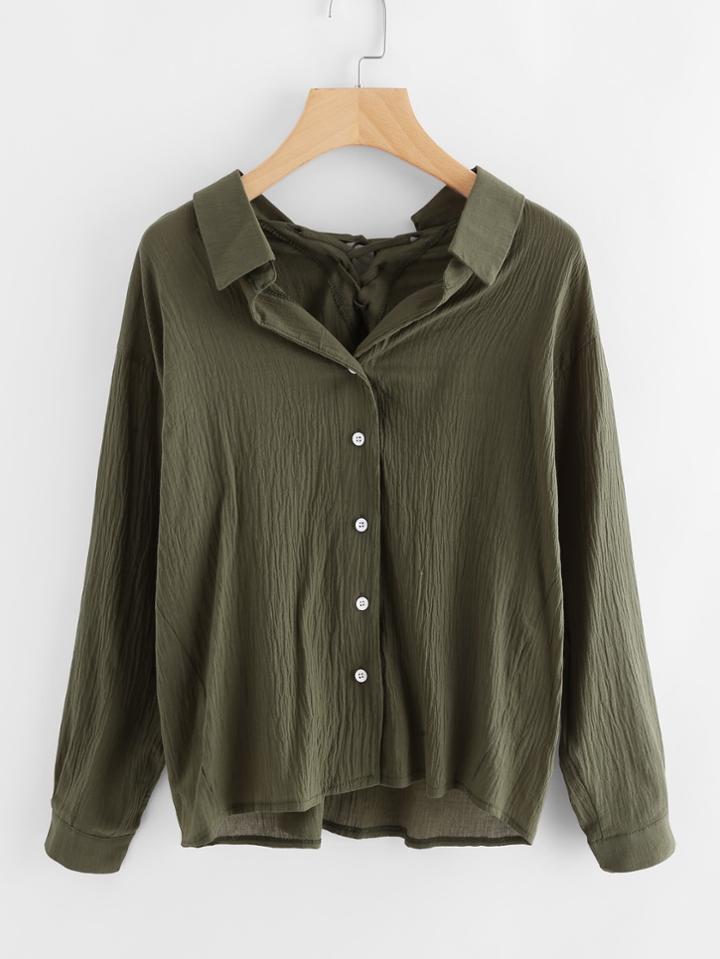 Romwe Lace Up Self Tie Back Pleated Shirt