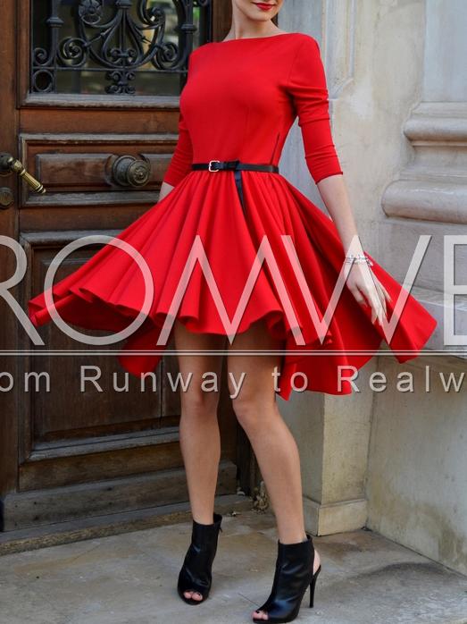 Romwe Red Long Sleeve High Low Pleated Dress