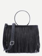 Romwe Grey Faux Suede Metal Ring Fringe Crossbody Bag