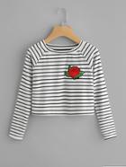 Romwe Rose Patch Striped Crop Tee