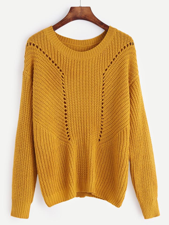 Romwe Mustard Drop Shoulder Eyelet Sweater