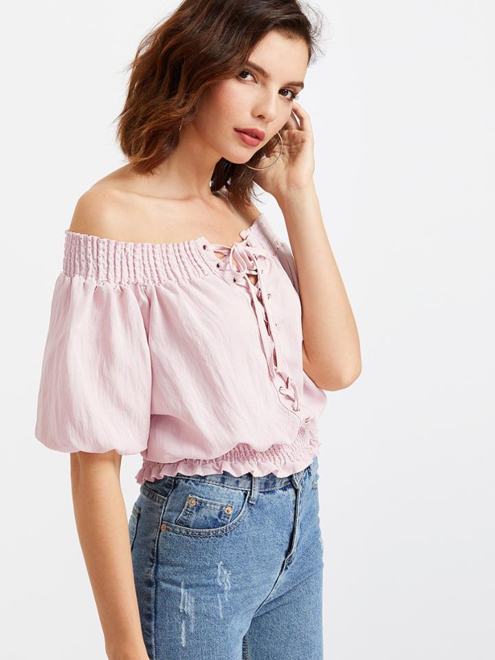 Romwe Bardot Shirred Eyelet Lace Up Front Elastic Waist Blouse