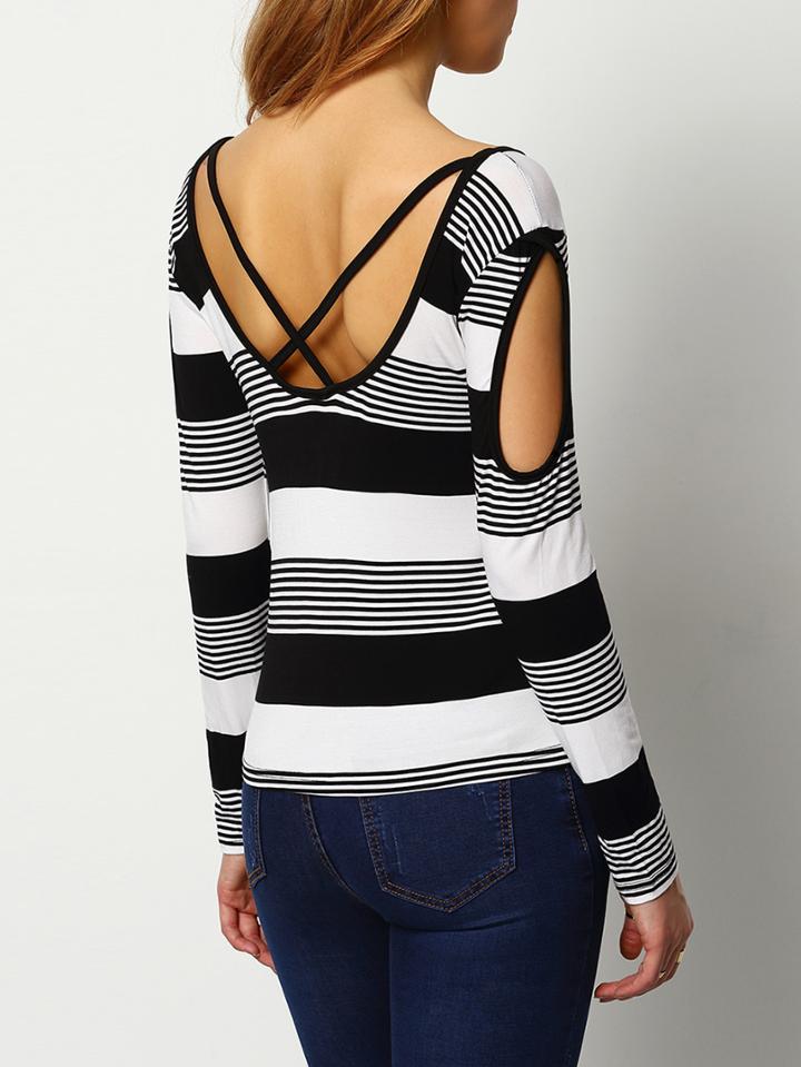 Romwe Crisscross Back Striped Cut Out White Knitwear