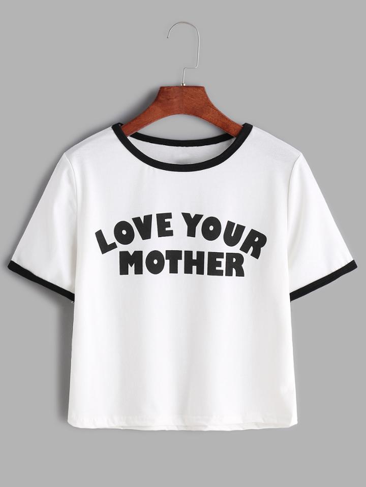 Romwe White Contrast Trim Slogan Print Crop T-shirt