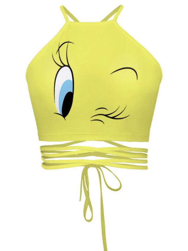 Romwe Halter Cartoon Print Lace Up Cami Top