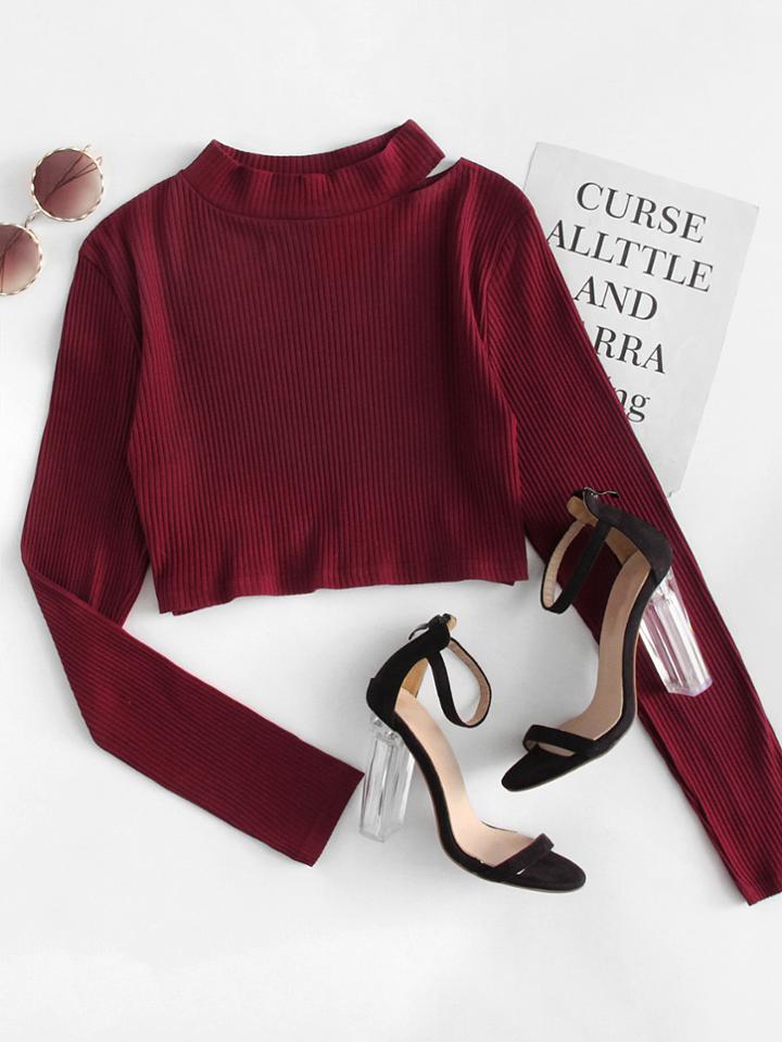 Romwe Cut Out Shoulder Ribbed Crop Knit Tee
